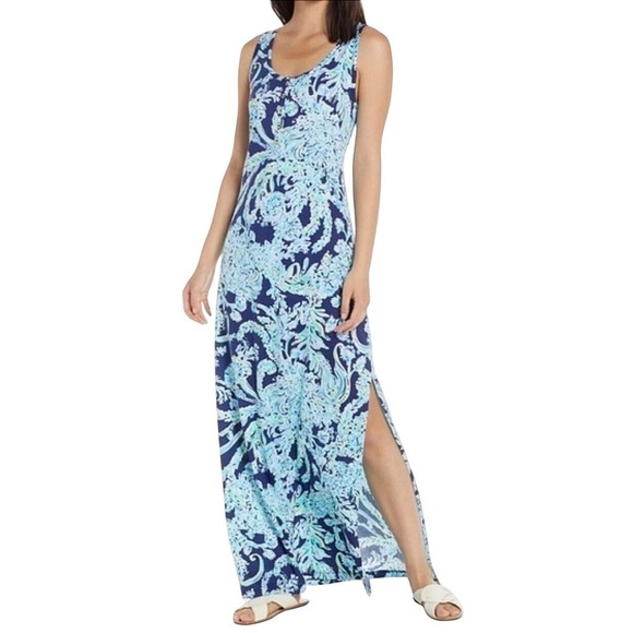 Lilly Pulitzer Merrill Maxi Dress Tank Hightide Navy Pima Cotton Side Slit Sz XL - Picture 1 of 7